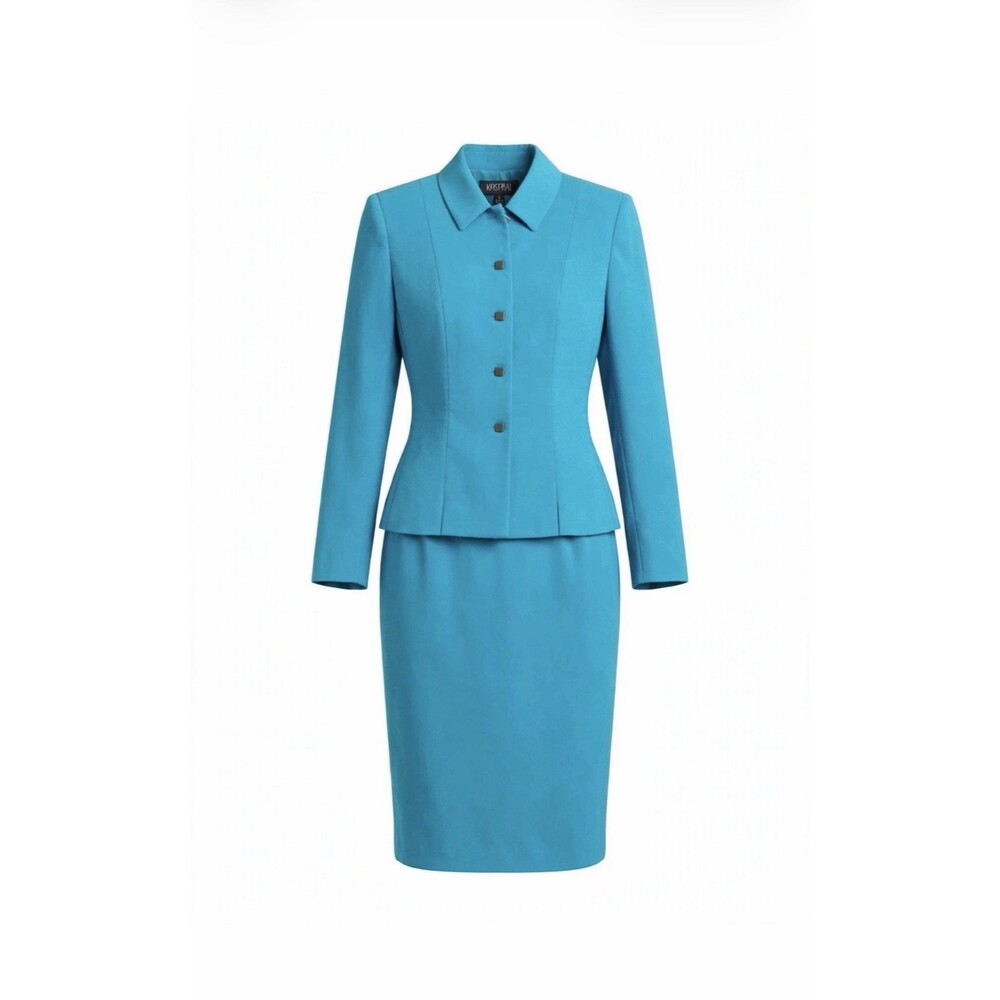 Kasper 8 Turquoise Teal Button Front Blazer Skirt Suit Set Work Office Formal